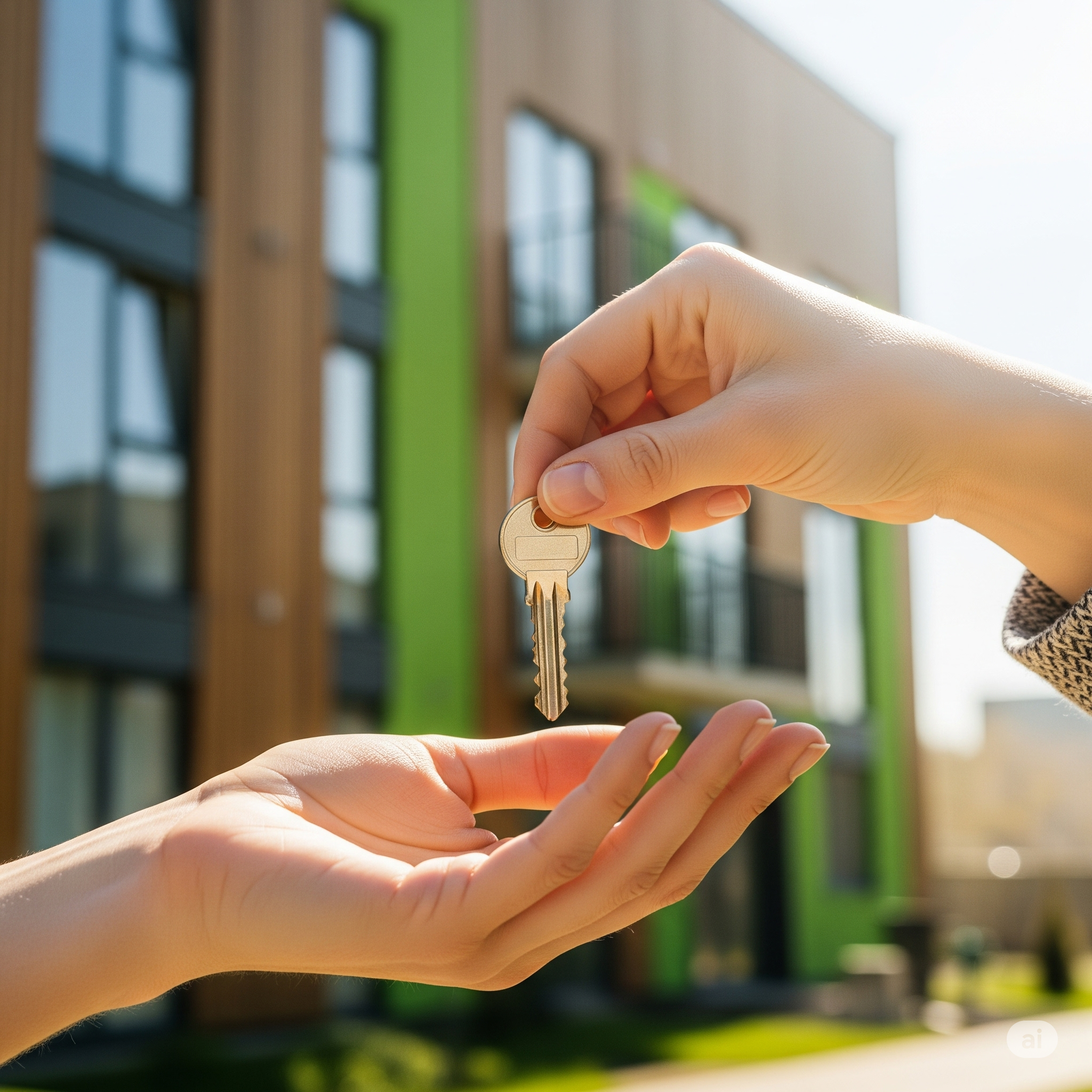 Eine Hand übergibt einen Schlüssel an eine andere Hand, im Hintergrund ein modernes Wohngebäude